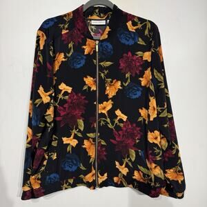 Susan Graver Women's Full Zip Bomber Jacket Sz XL Dark Floral Garden Feminine
